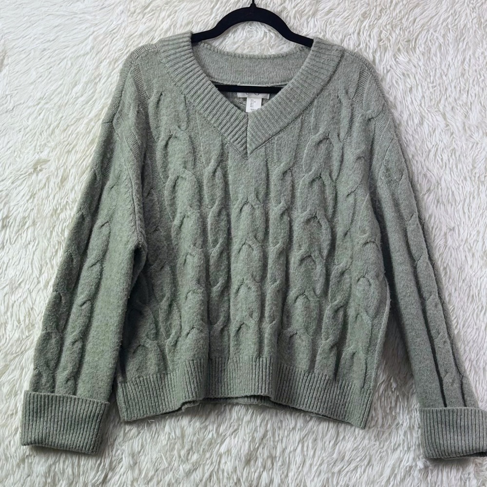 Jessica Simpson Cable Knit V-Neck Sweater Gray Green Women's L